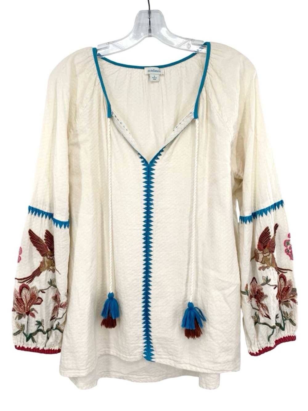 Sundance Paloma Embroidered Peasant Boho Blouse Top Hummingbird Floral Large